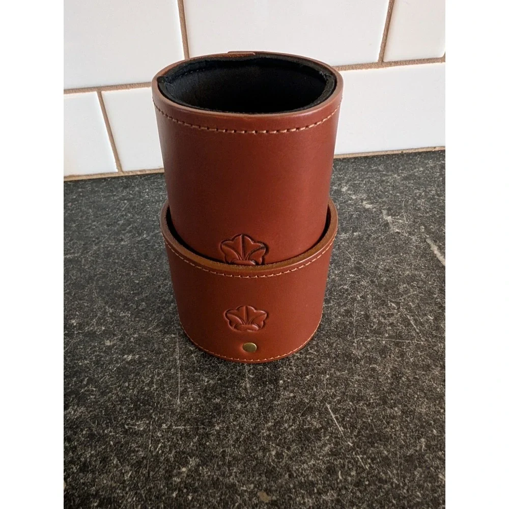 Col. Littleton Leather Koozie Set Brown Steerhide Drink Sleeves Brass Snaps